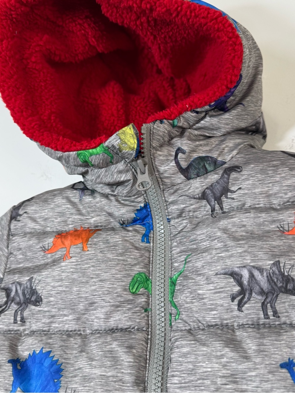 Swiss Tech 18M Dinosaur Puffer Jacket Gray Red Fleece Lining Hooded Winter Coat - Picture 3 of 6